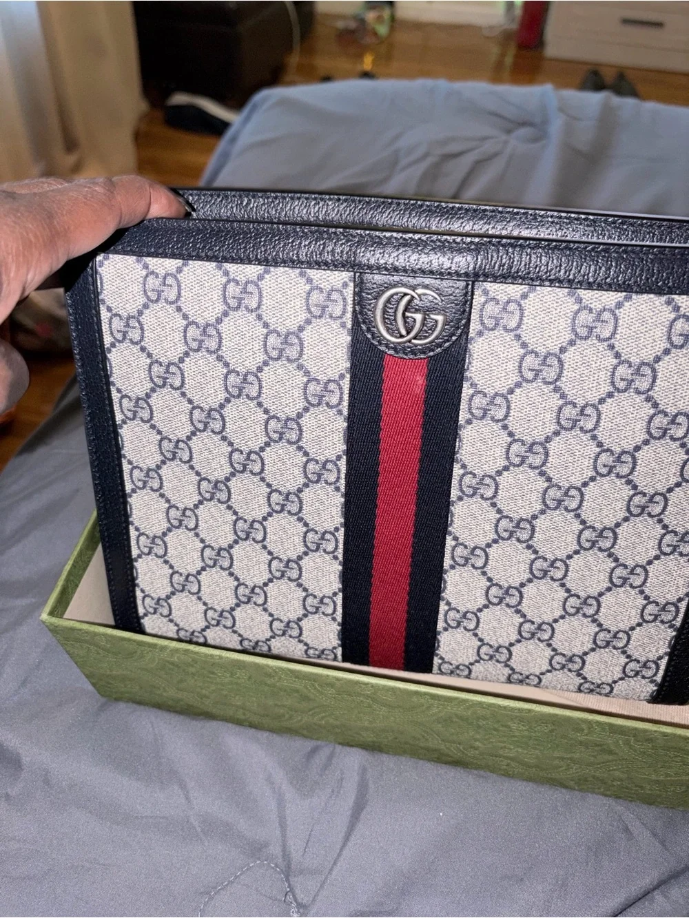Gucci Beige GG Canvas Toiletry Pouch with Navy Trim and Red Stripe